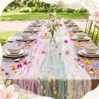Fanfanwin 3 Pcs Tulle Floral Table Runner Set, 2.5 x 5.9 ft Widened Beige, Pink and Green Sheer Wildflower Butterfly Embroidered Gauze Lace Dining Table Decor for Wedding Birthday Baby Bridal Shower - Image 4
