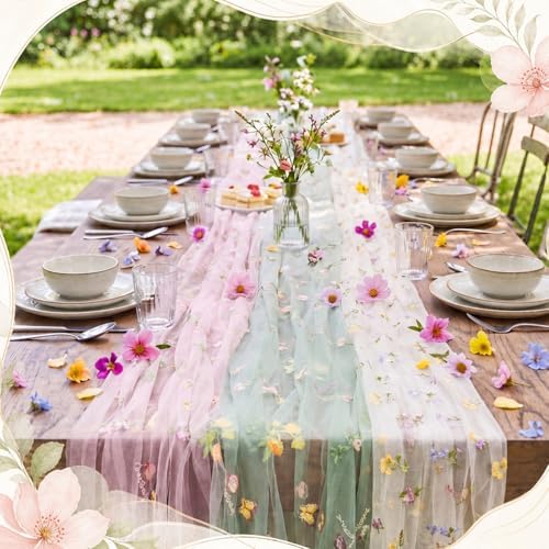 Fanfanwin 3 Pcs Tulle Floral Table Runner Set, 2.5 x 5.9 ft Widened Beige, Pink and Green Sheer Wildflower Butterfly Embroidered Gauze Lace Dining Table Decor for Wedding Birthday Baby Bridal Shower - Image 4