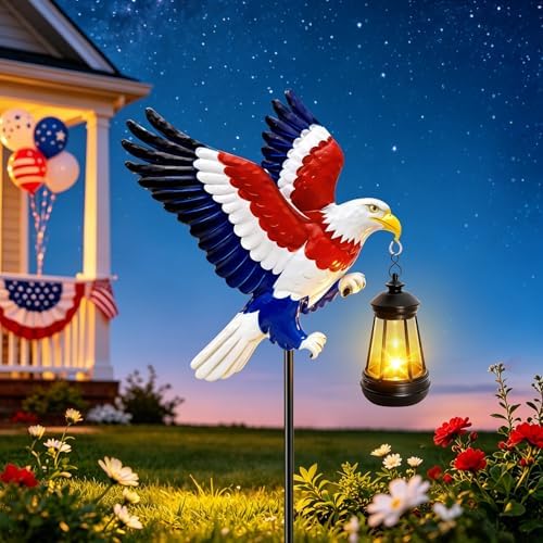 4th of July Decorations Solar Lights Outdoor, Patriotic American Eagle Hanging Lantern Waterproof, Metal Garden Decor for Independence Day Veterans Day Holiday Party Decoration Yard Patio Decor by ANGMLN