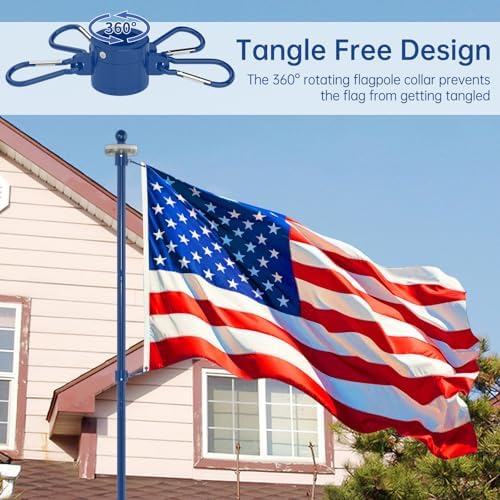 ZMTECH 12 FT Heavy Duty Flag Pole with Solar Light & 5 Pronges Base in Ground for Yard, Tangle Free Spinning Stainless Steel,Windproof, Fit for 2 Flags, 1 Pack, Blue - Image 6