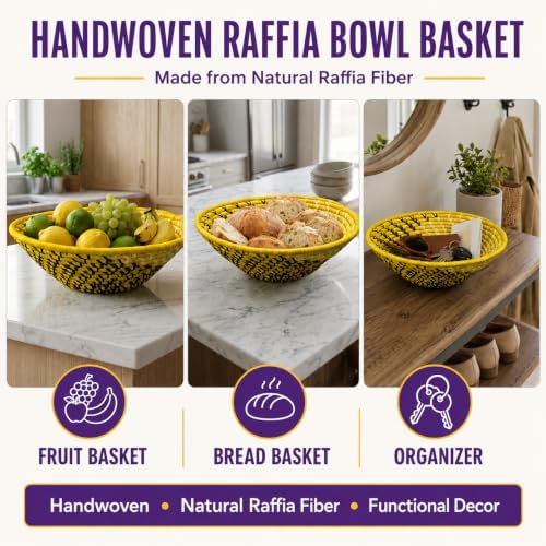 Handwoven African Basket Bowl for Fruits Wall Decor 12in diameter - Image 7