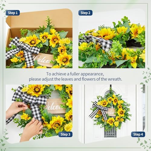 Garvee 20 Inch Sunflower Wreath with Welcome Sign, Spring Summer Wreaths for Front Door with Yellow Blooms and Buffalo Plaid Bow, for Farmhouse Porch Window Wall Home Decor - Image 7