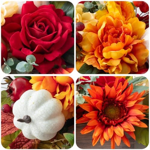 PureCosy Fall Centerpiece for Table, Handmade Realistic Silk Floral Arrangement with Peonies, Roses, Berries & Foam Pumpkins Thanksgiving Centerpiece and Autumn Harvest Table Decor for Dining Table - Image 2