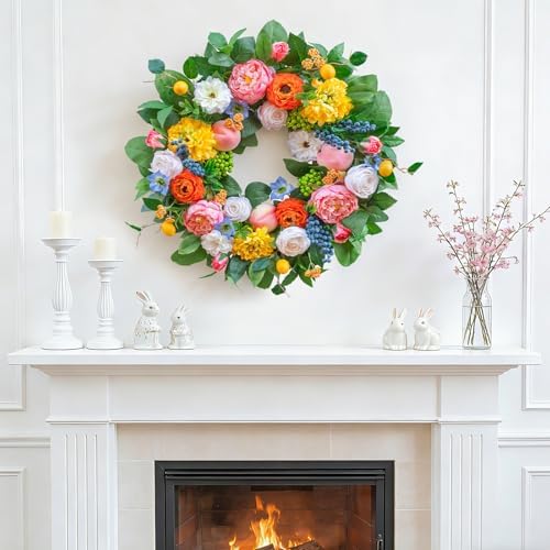 Pinkpuii Spring Wreaths for Front Door 24 Inch Vibrant Spring Summer Wreath with Peonies,Roses,Marigolds,Blueberries & Realistic Fruit Accents (Peach, Lemon)- Ideal for Porch,Entryway,Wall,Window - Image 2