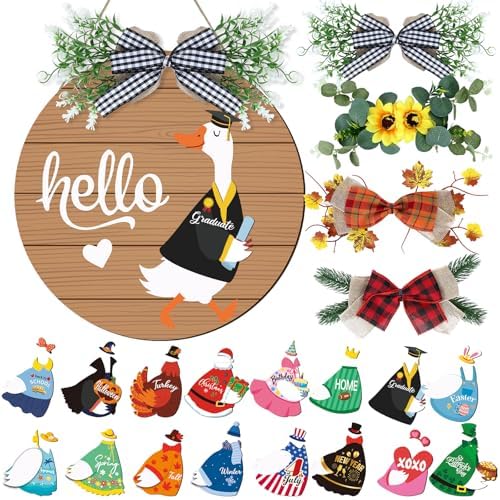 Seasonal Interchangeable Welcome Home Sign,Graduation Porch Goose Welcome Sign Front Door Decor With 4 Seasonal Wreaths and 32 Changeable Icons, Rustic Wood Wall Porch Hanger for Holiday Halloween Christmas Housewarming Gift by clothmile