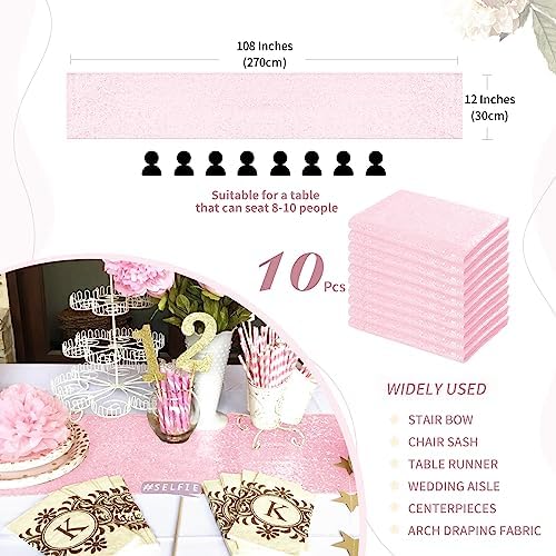 Pink Table Runners 10 Packs 12x108 Inches Glitter Table Runner Wedding Sequin Fabric for Birthday Bridal Baby Shower Engagement Party Decorations - Image 3