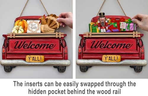 Interchangeable Welcome Sign for Front Door Red Farmhouse Truck Decor Hanging Sign with 11 Interchangeable Seasonal and Holiday Decor Signs 12x14 in. (Country Rustic) - Image 3