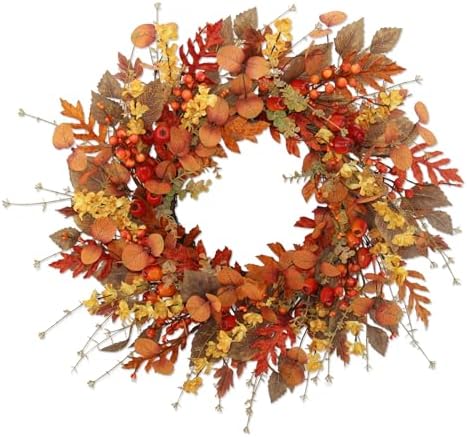 22 inch Artificial Fall Wreaths for Front Door,Autumn Wreath with Large red Berries and Fall Leaves Suitable for Indoor Outdoor Wall Porch Harvest Festival Thanksgiving Day Farmhouse Holiday Decor. by FLOAWYW
