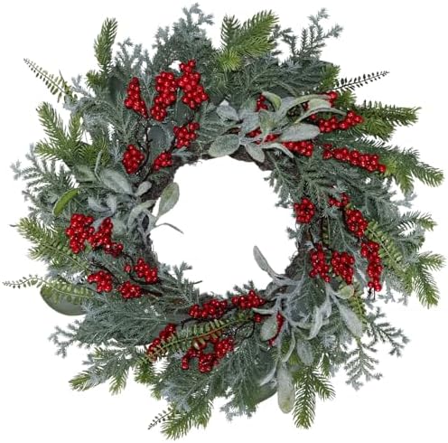 20 Inch Green Faux Pine Christmas Wreath with Red Berry– Mixed with Fake Norfolk Cypress, Cedar & Lamb Ear, Xmas Winter Wreaths for Front Door Porch Mantel & Fireplace (20") by BINFEN