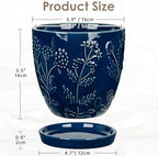Hollyone 6 Inch Blue Ceramic Planter Flower Plant Pot with Drainage Hole and Saucer for Plants Embossed Indoor Outdoor Garden Embossed Ceramic Glazed Round Pot for Succulent Orchid Floral Pattern - Image 2