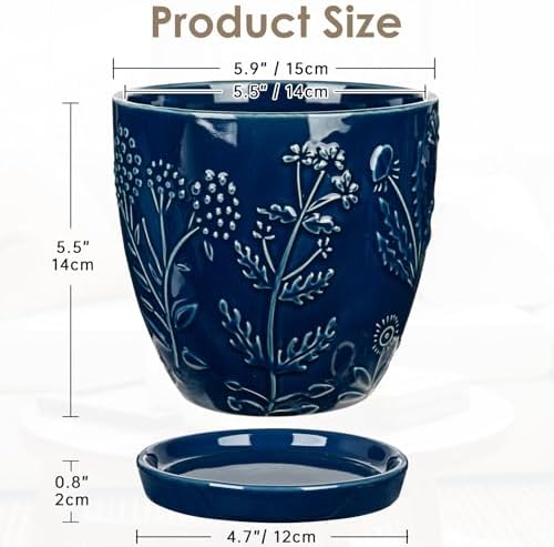 Hollyone 6 Inch Blue Ceramic Planter Flower Plant Pot with Drainage Hole and Saucer for Plants Embossed Indoor Outdoor Garden Embossed Ceramic Glazed Round Pot for Succulent Orchid Floral Pattern - Image 2
