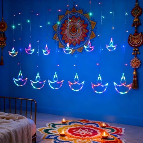 KYMY Happy Diwali Curtain String Lights, Battery Operated Deepavali Rangoli Window String Night Lights, Lotus Diyas Shaped Lamps Decorations for Wedding Wall Window Fence Bedroom Indoor Outdoor - Image 2