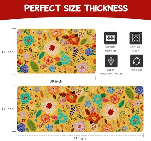 Boho Floral Kitchen Mat Set of 2,Modern Farmhouse Flowers Kitchen Rugs and Mats Non Skid Washable,Spring Summer Bohemian Kitchen Runner Rugs with Rubber Backing (Yellow 17"x47"+17"x30") - Image 3