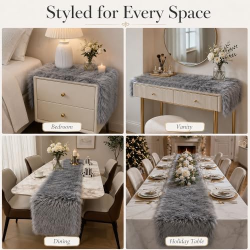 Faux Fur Table Runner Fluffy Plush Sherpa Table Runner for Christmas Winter Wedding Dining Table Holiday Decor Soft Snow Fur Runner (Grey, 11.8 x 59.0 Inch) - Image 5