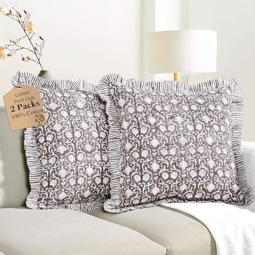 CPC Mocha Regal Hand Block Print 100% Cotton Ruffle Throw Pillow Cover 24x24 inch with Hidden Zipper Decorative for Couch, Bed, Sofa, Farmhouse, Cottagecore Decor Gift Christmas Fall Thanksgiving by COTTONPRINTCLUB