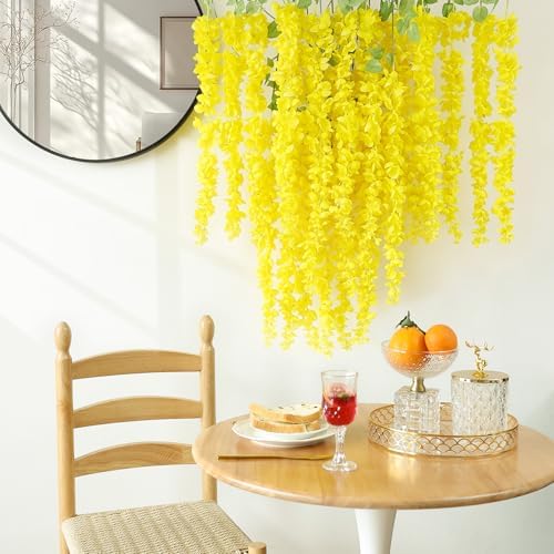 mizii 6Pcs Yellow Wisteria Hanging Flowers 48" Silk Wisteria Artificial Flowers Garland Vines Fake Hanging Flowers Decoration for Wedding Flower Wall Backdrop Centerpieces Party Room Decor (Yellow) - Image 5