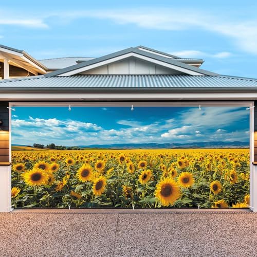 7 * 16FT Summer Garage Door Cover Decorations Sunset Palm Trees Garage Door Banner for Outdoor Indoor Summer Party Photography Backdrop (sunflower, 7 * 16 ft) - Image 4
