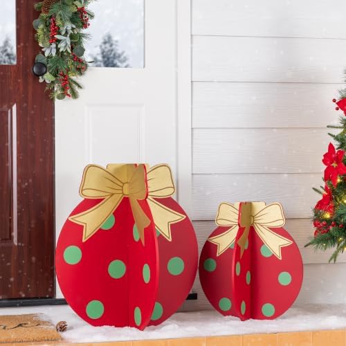 Glitzhome Set of 2 Wooden Christmas Ornaments Porch Decor,Interlocking Xmas Porch Sign with Golden Bows,Standing Porch Sign for Front Door Indoor Outdoor Holiday Decor,24" H &18" H by Glitzhome