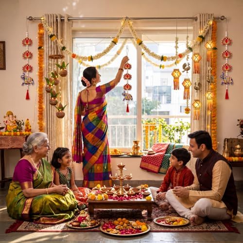 8 Pcs Indian Pichwai Style Diwali Hanging Decor, Red Lotus with Elephant - Image 6