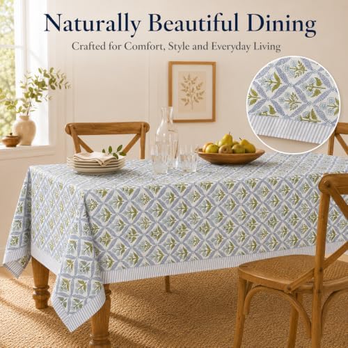 TJF Blue Green Hand Block Print Rectangular Tablecloth 90 x 60 Inch - Image 2