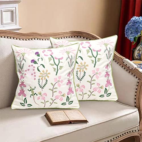 Set of 2 Embroidered Decorative Throw Pillow Covers Couch Square Pillowcases Cushion for Bedroom Sofa Farmhouse Decor 18x18 Inch (Gecko Flower) - Image 2