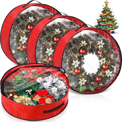 4 Pcs Christmas Wreath Storage Bag, Christmas Garland Storage Container with Clear Window, Zipper & Handle for Xmas Holiday Seasonal Wreath Garland Box(Red,36") by GliCraft