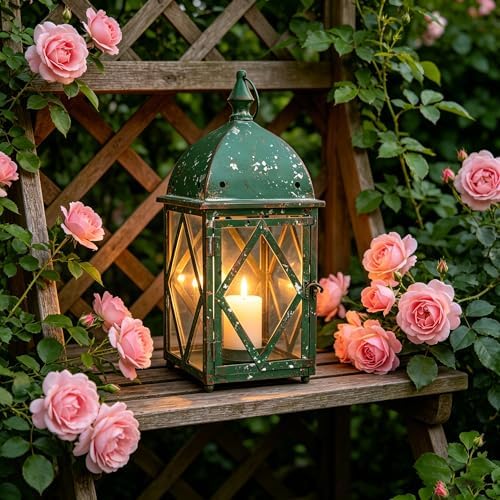 Vintage Green Metal Candle Lantern with Glass 17in Distressed Blue Rustic Large Farmhouse Hanging Candle Holder Lanterns for Indoor & Outdoor Front Porch Table Centerpiece Decor - Image 3