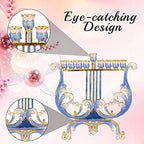 Matashi Hand Painted Blue & Ivory Harp Menorah Candelabra, Embellished - Image 6