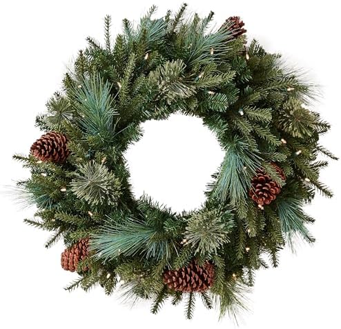 Balsam Hill Mixed Evergreen Window Christmas Wreath - 22" Traditional Greenery Wreath with Faux Candle & Battery-Operated LED Clear Lights for Indoor and Outdoor Holiday Decorating by BalsamHill