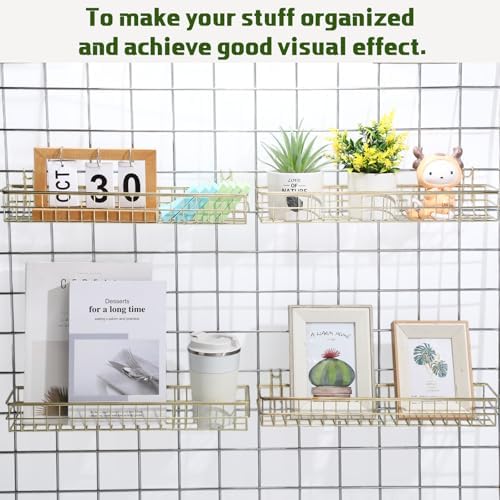 Blulu 4 Pcs Gold Metal Grid Wall Baskets with Hooks Grid Wall Shelves 15.75 x 3.94 x 1.97 Inches Hanging Wire Basket Multi Function Storage Organizer for Kitchen Organizing Display - Image 4