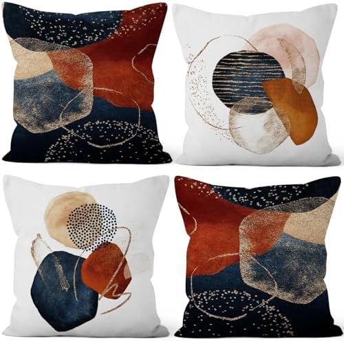 Abstract Boho Throw Pillow Covers 26''x26'' Set of 4, Minimalism Geometric Strips Cushion Covers Navy Blue Bohemian Pillowcases for Couch Sofa Bedroom Farmhouse Livingroom Garden Patio by VieSavaran