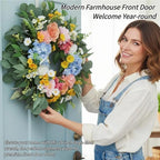 26" Artificial Spring Wreath for Front Door - Large Silk Hydrangea Daisy Rose Mixed Floral Wreath - Farmhouse Porch Wall Decor, Easter Mother's Day Decoration (Multicolor) - Image 2