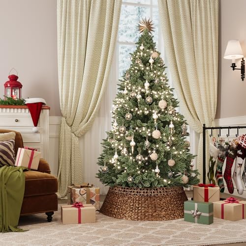 ELYKEN 33 Inch Woven Rattan Christmas Tree Collar, Stylish Seagrass & Water Hyacinth Xmas Tree Skirt for Artificial Trees, Wicker Tree Base Cover with Cord Cut-Out Farmhouse Tree Ring for Home Decor - Image 2