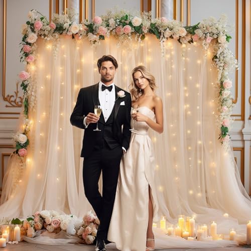 20x10ft Champagne Tulle Backdrop Curtain with Lights String for Parites, Sheer Backdrop Curtains for Wedding Baby Shower Birthday Party Photo Shoot Decorations - Image 4