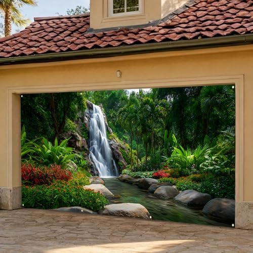 Waterfalls Garage Door Cover Banner, 6x13 ft Forest Scenery with River Landscape, Large Indoor/Outdoor Wall Decoration (Green Scenic Waterfall) - Image 2