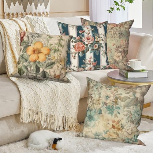 Vintage Printed Throw Pillow Covers 22''x22'' Set of 4, Colorful Flowers Pillowcases Rustic Decorative Floral Cushion Covers for Couch Sofa Bedroom Farmhouse Livingroom Garden Patio Car - Image 4