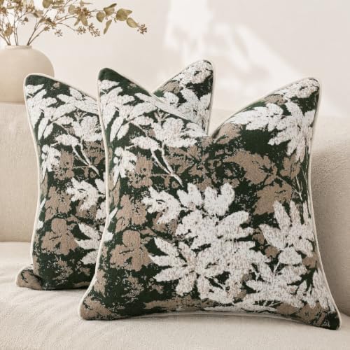 Set of 2 Chenille Throw Pillow Covers 18x18 Inches, Vintage Fall Maple Leaves Farmhouse Decor Cushion Covers Soft Autumn Decor for Sofa Living Room Bedroom Green by BOYSUM