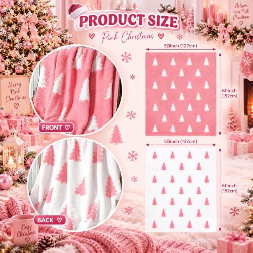 Buryeah Knit Throw Blanket, 50 x 60 Inch Reversible Knitted Throw Blanket, Cozy Soft Lightweight Gift for Couch Sofa Bed(Pink and White,Christmas Tree) - Image 3