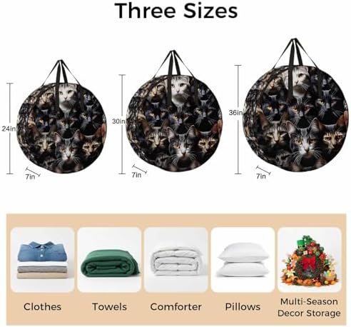 Cat Round Storage Bag 30 Inch, Pet Animal Cat Ears Eyes Clothes Storage Container with Handles Heavy Duty Organizer for Comforter, Bedding & Holiday Wreaths - Image 7