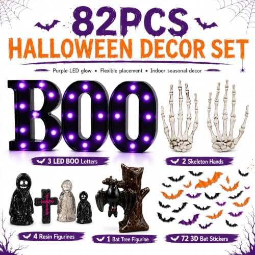 82Pcs Halloween Decorations Set, LED BOO Light, 3D Bats, Skeleton Hands - Image 3