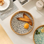 YANGQIHOME Round Rattan Tray with Handle, Mother of Pearl Inlay Decorative Wicker Basket for Coffee, Bread, Fruits, Serving Tray for Home Decor, Blue Leaf - Image 7