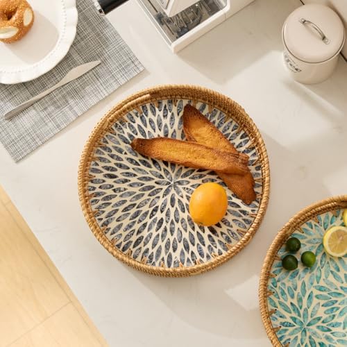 YANGQIHOME Round Rattan Tray with Handle, Mother of Pearl Inlay Decorative Wicker Basket for Coffee, Bread, Fruits, Serving Tray for Home Decor, Blue Leaf - Image 7