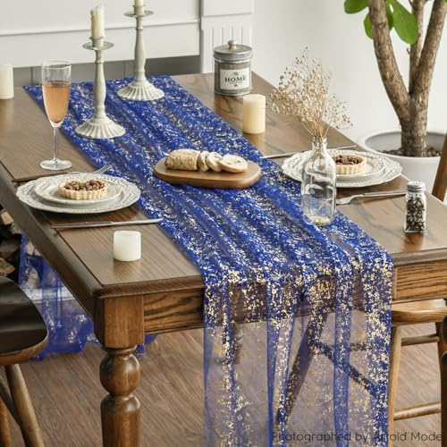 Artoid Mode 10PCS Blue Gold Gauze Table Runner 120 Inch 10FT, Glitter Metallic Foil Sheer Dining Wedding Anniversary Holiday Table Decor for Home Party - Image 3