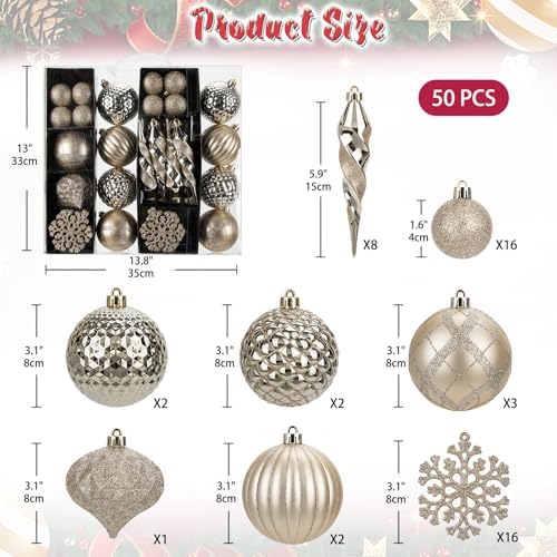 50PCS Christmas Tree Ornaments Set with Shatterproof Balls Icicle Snowflake Hanging Ornaments for Home Office Farmhouse Christmas Decorations, Champagne - Image 2