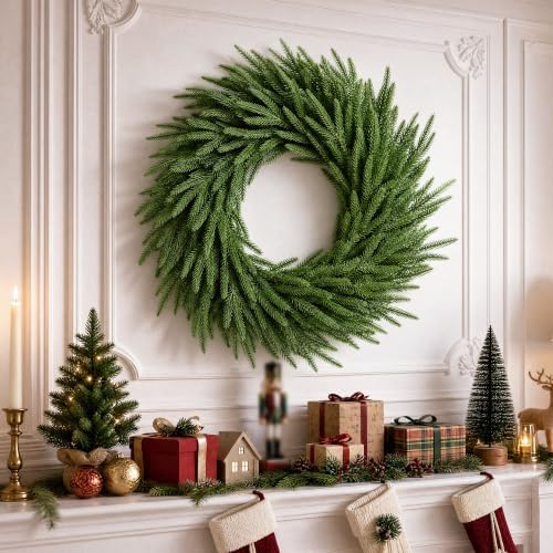 Norfolk Pine Easter Wreath 26 Inch - Real Touch Artificial Garland for Front Door, Mantel, Holiday Decor, Full & Fluffy Green PE Wreath for Easter Indoor Outdoor by Unknown