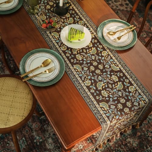 Brown Floral Table Runner 71" - Vintage Luxury Embroidery Jacquard with Tassels, Rustic Farmhouse Decor for Dining Table, Kitchen & Holiday Party (Warm Brown, 13.7"x71") - Image 4