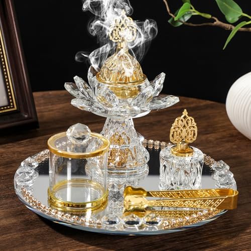 Glass Incense Holder, 5-Pieces Set Lotus Shape Incense Burner with Mirrored Tray, Storage Jar and Tongs, Arabian Style Ramadan Decorations - Image 5