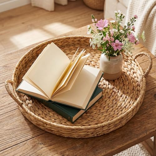 Round Woven Hyacinth Serving Tray with Handles Rattan Decorative Storage Basket for Fruit Arts Crafts Breakfast Coffee Table Dining, 1.97 x 21.65 Inches - Image 4