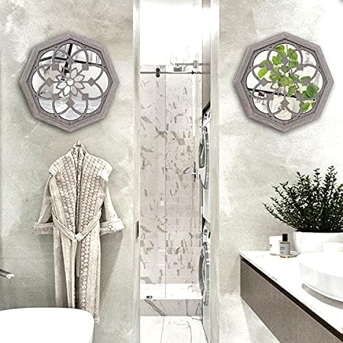ZOLAPI 2 PCS Octagon Wall-Mounted Mirrors,Vintage Farmhouse Mirror for Wall Decor,Barn Wood Color Decorative Accent Mirror for Foyer, Bathroom, Bedroom. (12”x12”) - Image 2