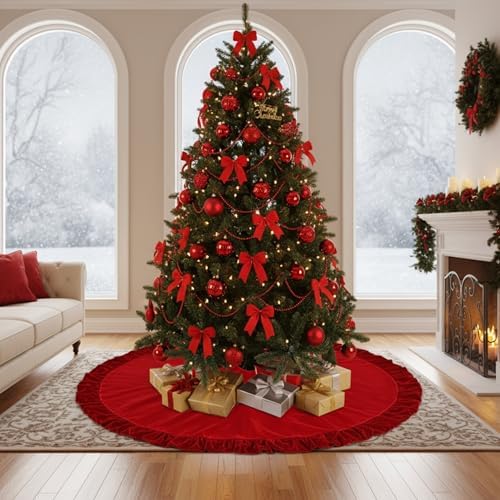 84'' Ruffled Velvet Christmas Tree Skirt Vintage Xmas Decor, Red - Image 3